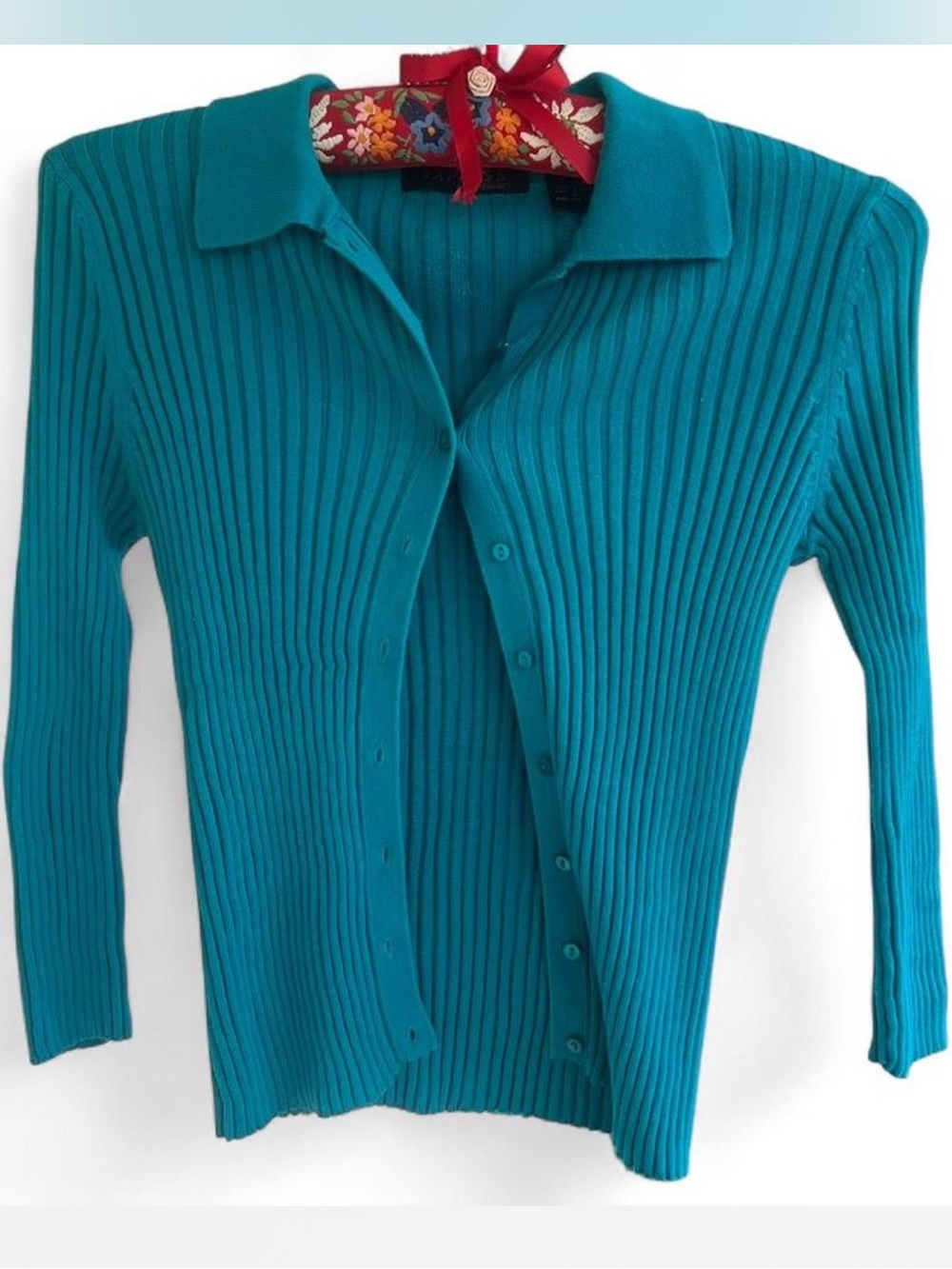 Vintage Express Button up Teal Knit Cardigan - long sleeve ribbed collar Medium